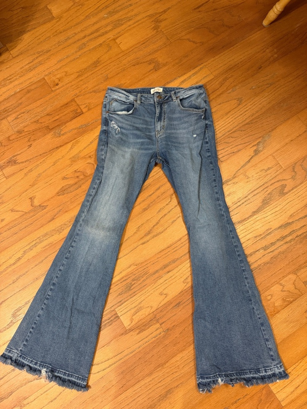 Shyanne Distressed Medium Blue Flare Jeans with Frayed Hem